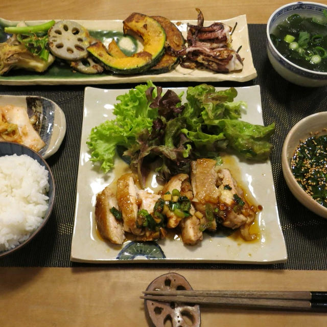 韓国ご飯：鶏肉の照り焼き＆ジョン　と　八重桜の花♪