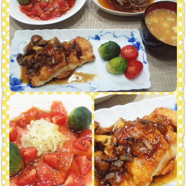 【献立】鶏むね肉の照焼き・玉ねぎ＆マッシュルームソース、ぜんまい煮物、サーモンとミニトマトのマリネ