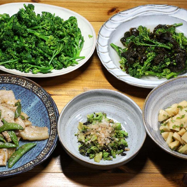 タラの芽の切り合え、ダイコンの漬けものの木の芽和え、スナップエンドウと豚肉の炒めものほか。