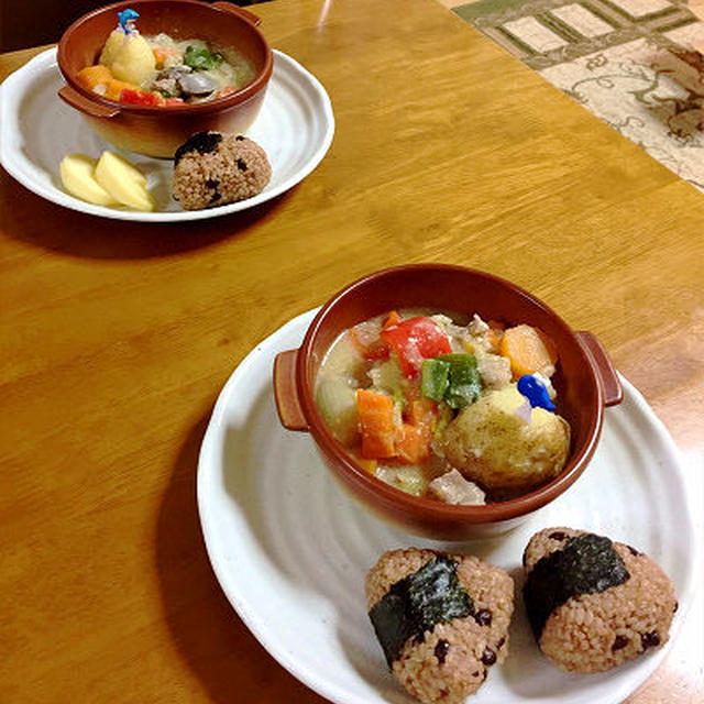 ちーちゃん家の酒粕・豆乳のシチュー＆発芽発酵玄米ご飯♪