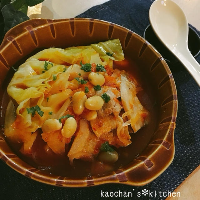 [あったかおかず]豚肉とキャベツとお豆のトマト煮