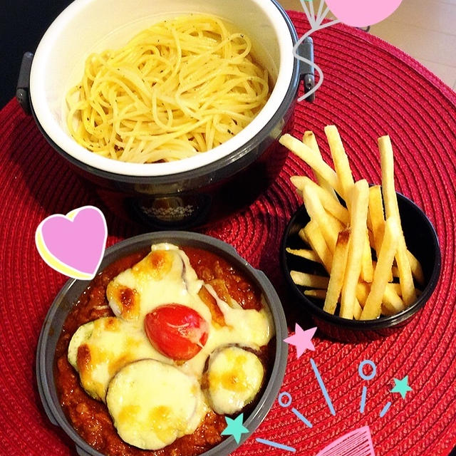 茄子とトマトのチーズ焼きのせミートソースパスタ弁当☆