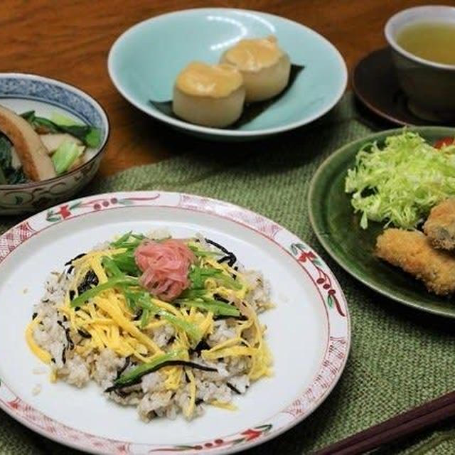 レシピ付き献立　ひじき寿司・カキフライ・ふろふき大根の柚子みそかけ・さつま揚げとほうれん草の煮浸し
