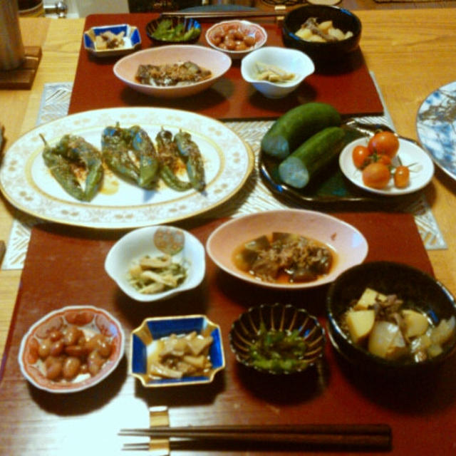 焼万願寺とゴーヤチャンプルとズッキーニとベーコンの蒸し焼きに小鉢6品で晩酌。