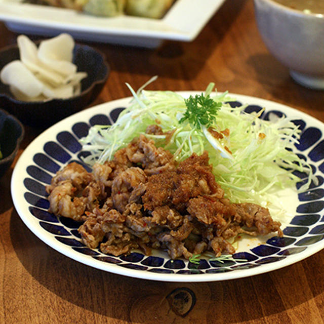 豚と牛蒡ソースの生姜焼きとオクラの天婦羅