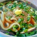 今朝の元気の素、豚そぼろと生姜を乗せた熱々うどん♪
