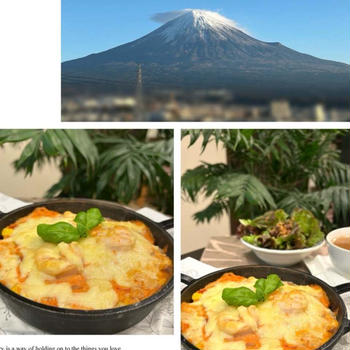 残り物の海老のトマトクリームソースでお手軽にドリアで夕食！今朝の富士山