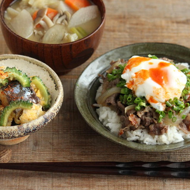 ねぎ玉牛丼献立