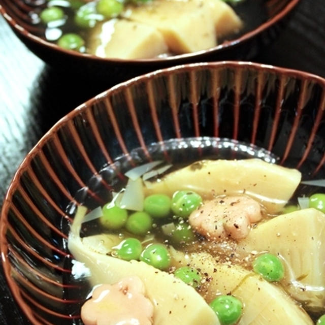 筍とうすいえんどうの吉野煮黒胡椒風味～白鶴生貯蔵酒で一献の夜