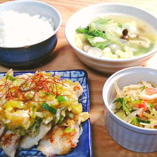 鶏むね肉のねぎだれと青梗菜の中華スープ定食