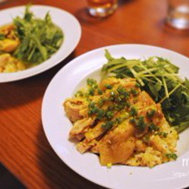 水菜混ぜ混ぜ♪玄米入りシンガポールチキンライスで、簡単お家ランチ