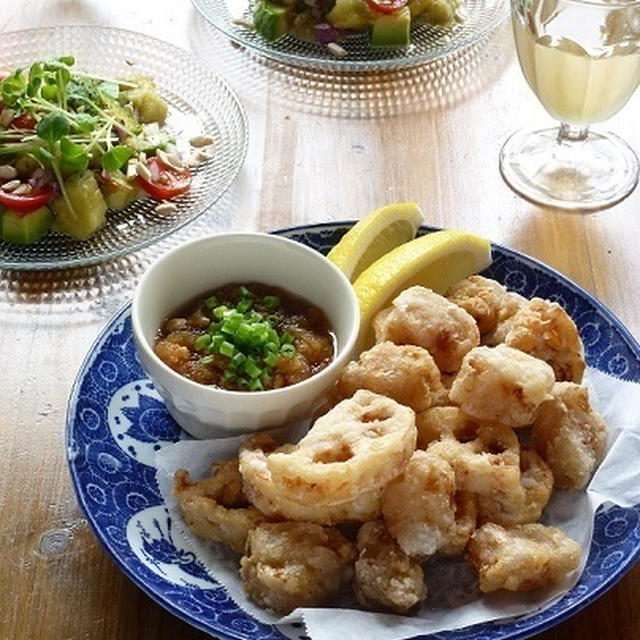 れんこんとこんにゃくの竜田揚げと、焼きなすとアボカドのタルタル