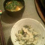 春菊・蓮根・生姜の混ぜご飯。蕪の味噌クリチ和え。かぼちゃのココナッツクリーム煮。キムチチャンプル