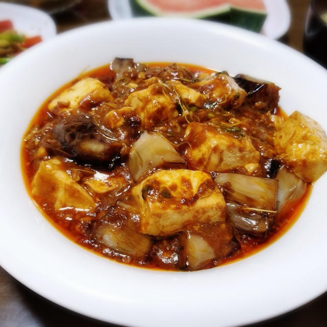 【 家ごはん 】 マー坊ナスで 麻婆ナス豆腐　[ レシピ ] ナスと豆腐のWマーボー / 中華風コーン卵スープ