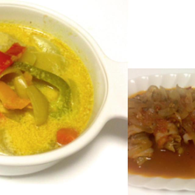 チキンココナッツカレー、逆ロールキャベツ、ブロッコリーのカニカマあんかけ
