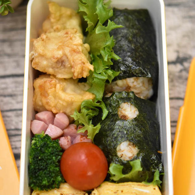 中学生男子弁当｜鶏天・だしがらふりかけおにぎり