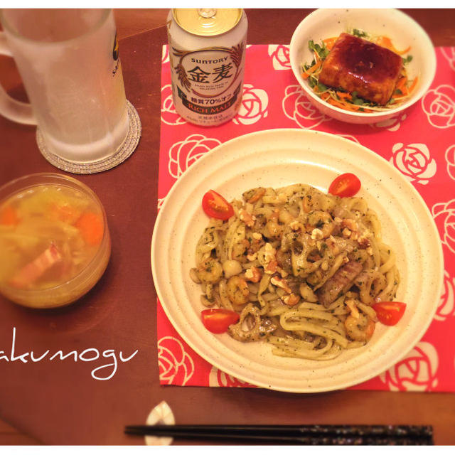 和風♪ジェノベーゼうどん＊豆腐の照り焼き＊