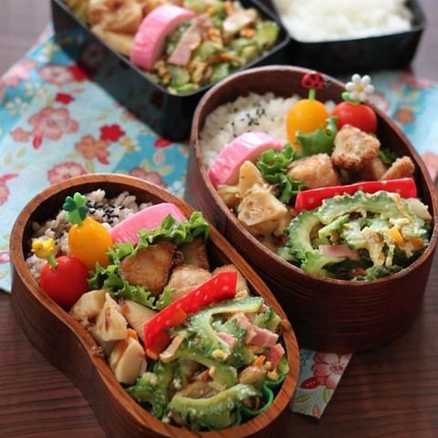 まぐろのから揚げ＆ｺﾞｰﾔｰちゃん弁 ✿ ﾌﾗｲﾊﾟﾝすき煮♪
