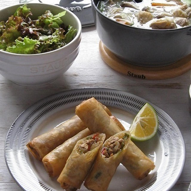 鶏肉と野菜の生姜スープと、春巻き