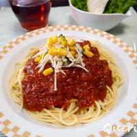 早ゆでパスタで簡単ランチ！ミートソースのえのきバターコーンのせ