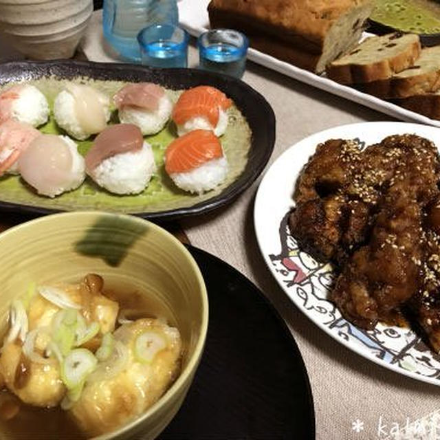 【ダンナ料理】チャイニーズチキン風ザンギ(鶏から)＊手まり寿司＊揚げ出し豆腐