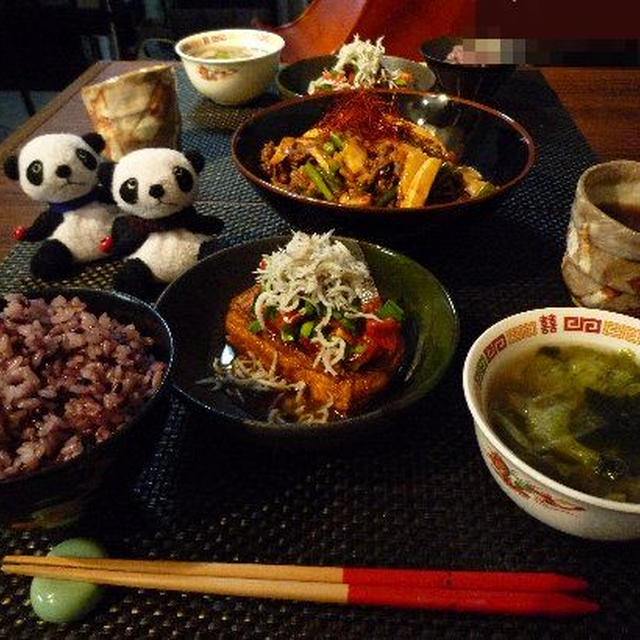 牛肉とたけのことにんにくの芽のピリ辛炒め献立