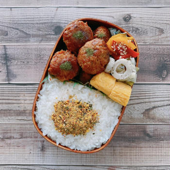 5/16~5/19のお弁当（ミートボール、山東菜とエリンギのベーコン炒め、ねぎ塩豚丼、ピーマン入りメンチカツ）