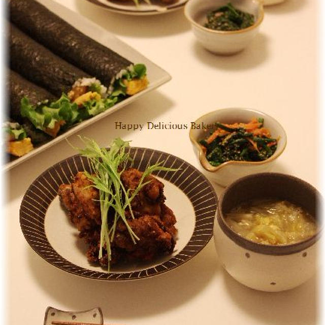 我が家の貧乏恵方巻♪塩麹のから揚げ♪