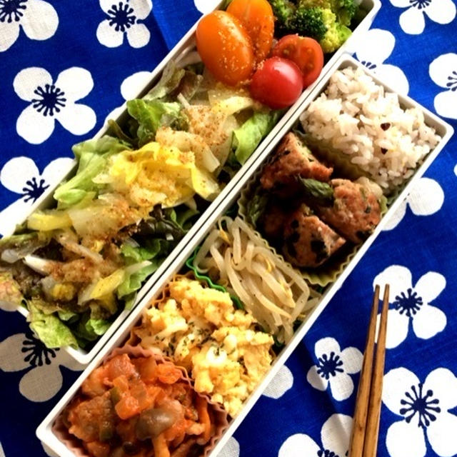 お弁当　サラダ 雑穀ごはん アスパラハンバーグ ポークチャップ