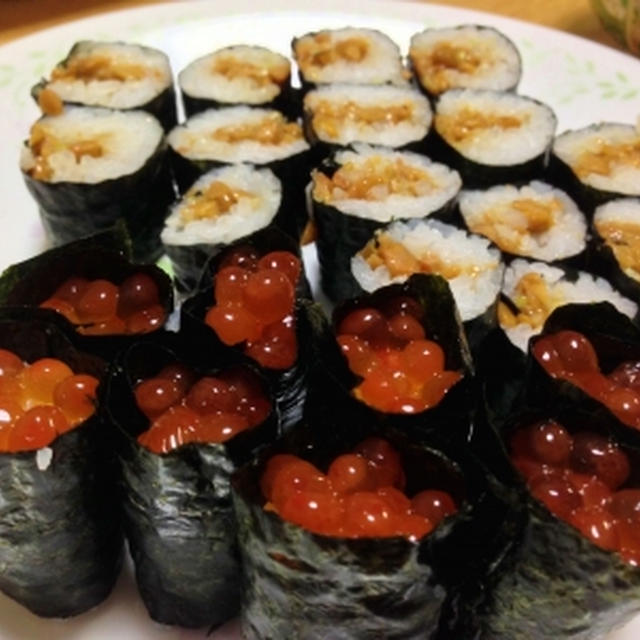 京君の納豆巻きとイクラ醤油漬けでなんちゃって軍艦巻き♪