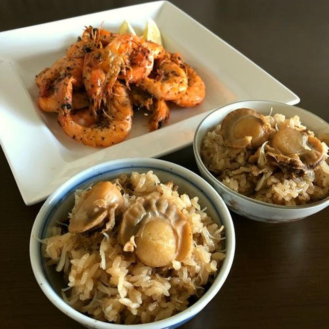 帆立の炊き込みご飯♪&ソフトシェルシュリンプのバジルソテー♪
