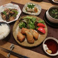 春巻と豚肉と茄子のスタミナ炒めの晩ご飯　と　満開のサルビアの花♪