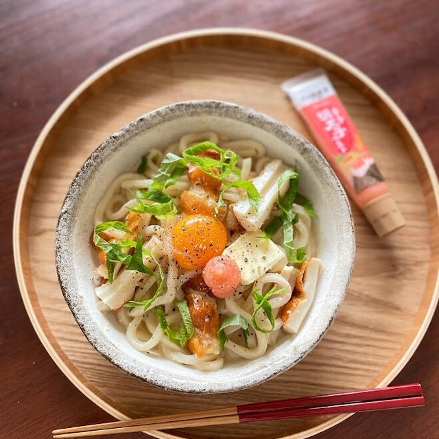 【5分で出来ます！レンジで簡単明太カルボナーラうどん】と週末の晩ごはん