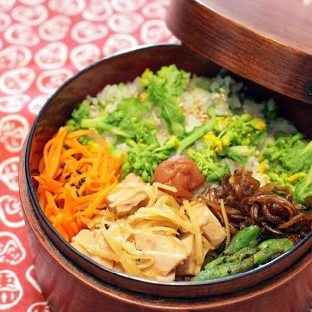 わさび香るもちきび入り菜の花の混ぜご飯弁当と菜の花レシピリンク。