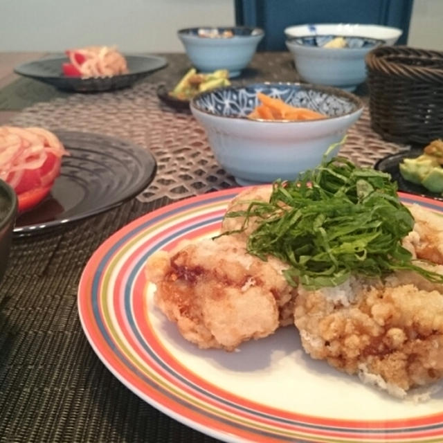 塩から揚げとトマトマリネの夕食