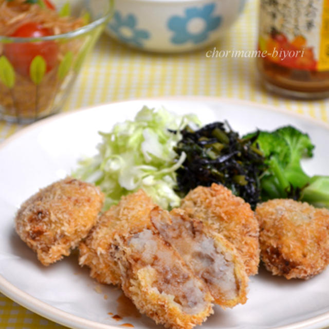 らくらくコロッケ。ミニトマト黒酢仕立ての切り干し春雨サラダ。の晩ご飯。