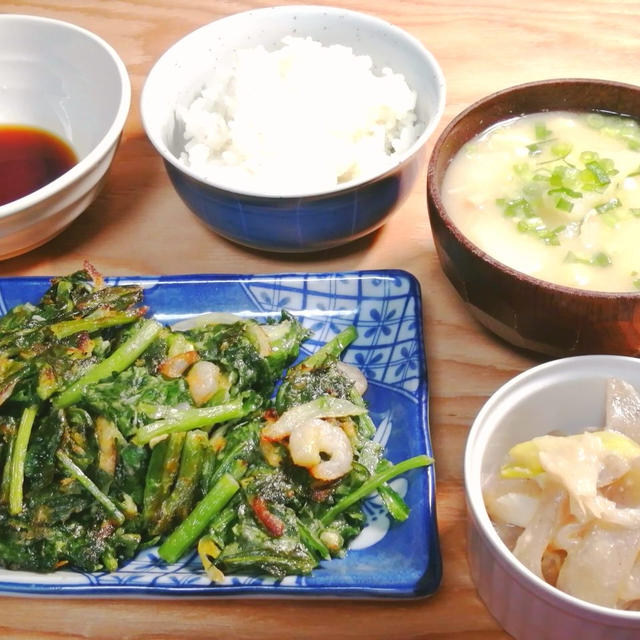 春菊とえびのチヂミとこんにゃくの酢味噌定食