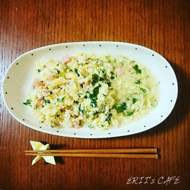 【うちごはん】ﾌﾘｰｽﾞﾄﾞﾗｲの卵ｽｰﾌﾟで簡単あんかけ♪ﾍﾞｰｺﾝ炒飯の卵ｽｰﾌﾟあんかけ