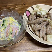 せせりとキャベツの塩胡椒炒め、春雨サラダ。淡竹うどん