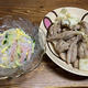 せせりとキャベツの塩胡椒炒め、春雨サラダ。淡竹うどん