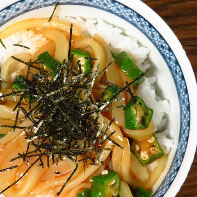 酒のつまみだったはずのいかそうめんからの…いかとオクラの黄金あえ、丼^^;