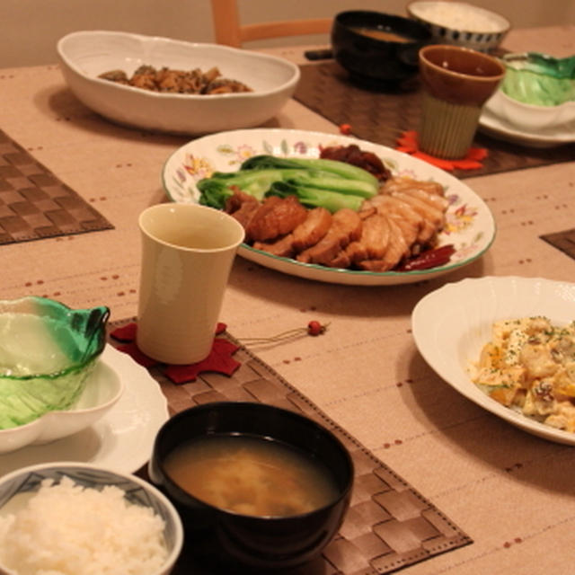 煮豚と青梗菜＆蓮根のマヨきんぴら＆シナモン風味のかぼちゃサラダ♪