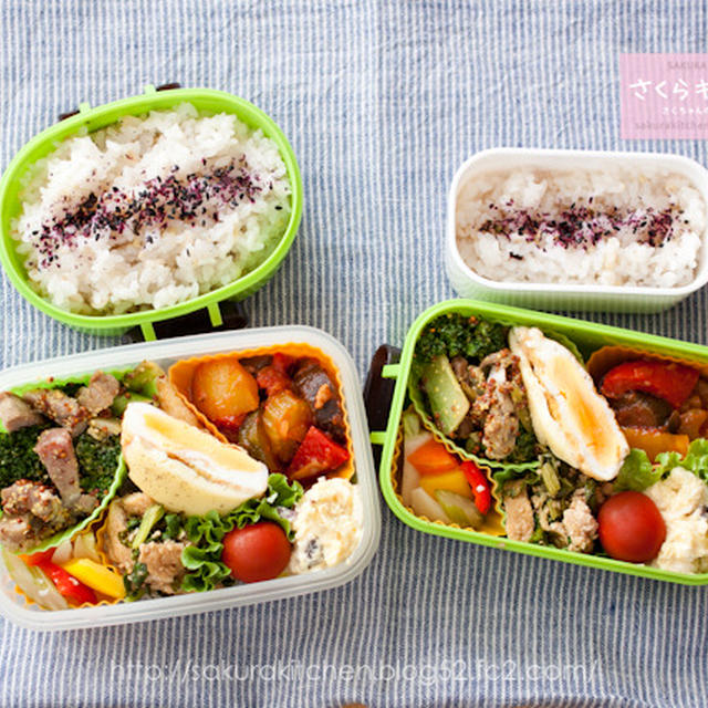 オットとワタシ用お弁当『ハーブ塩豚とブロッコリーの粒マスタード和えと常備菜いろいろ』