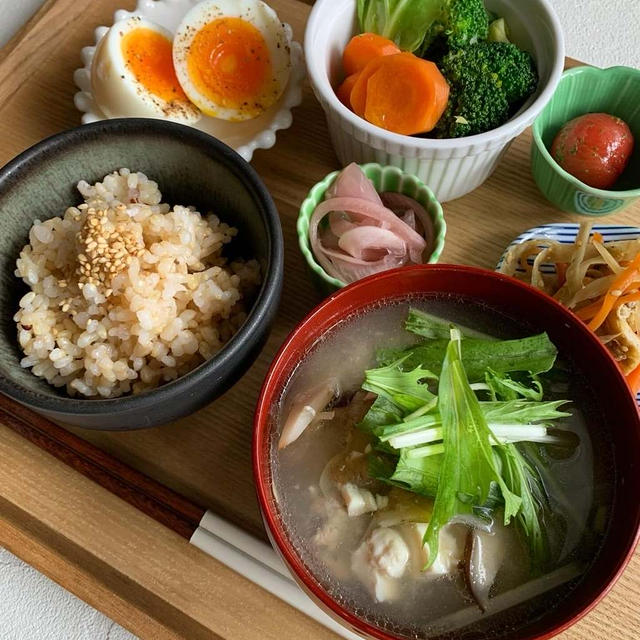 ごぼうと豚肉、ねぎと水菜、お豆腐入りのおつゆ