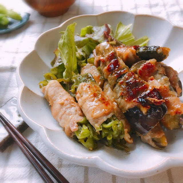 フライパンひとつ！だししょうゆで味付け簡単！ピーマンとなすしその豚肉巻き