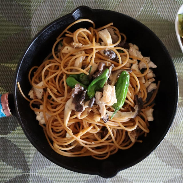 新潟県：ひらたけとししとうのパスタ~青山椒油和え~