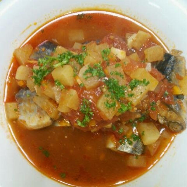 圧力鍋で♪さんまのイタリアントマト煮込み/ふきと鶏肉の炒め煮の晩ご飯☆