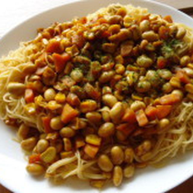 色々使える♪カレー煮豆 ＤＥ ビーフン風カレーパスタ