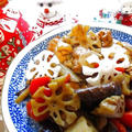 我が家定番料理の和食の煮物、炒り鶏を蓮根の形を生かし、クリスマスらしくしてみました