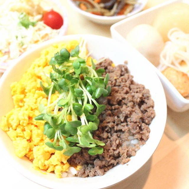 三色丼で晩御飯　ピザトースト